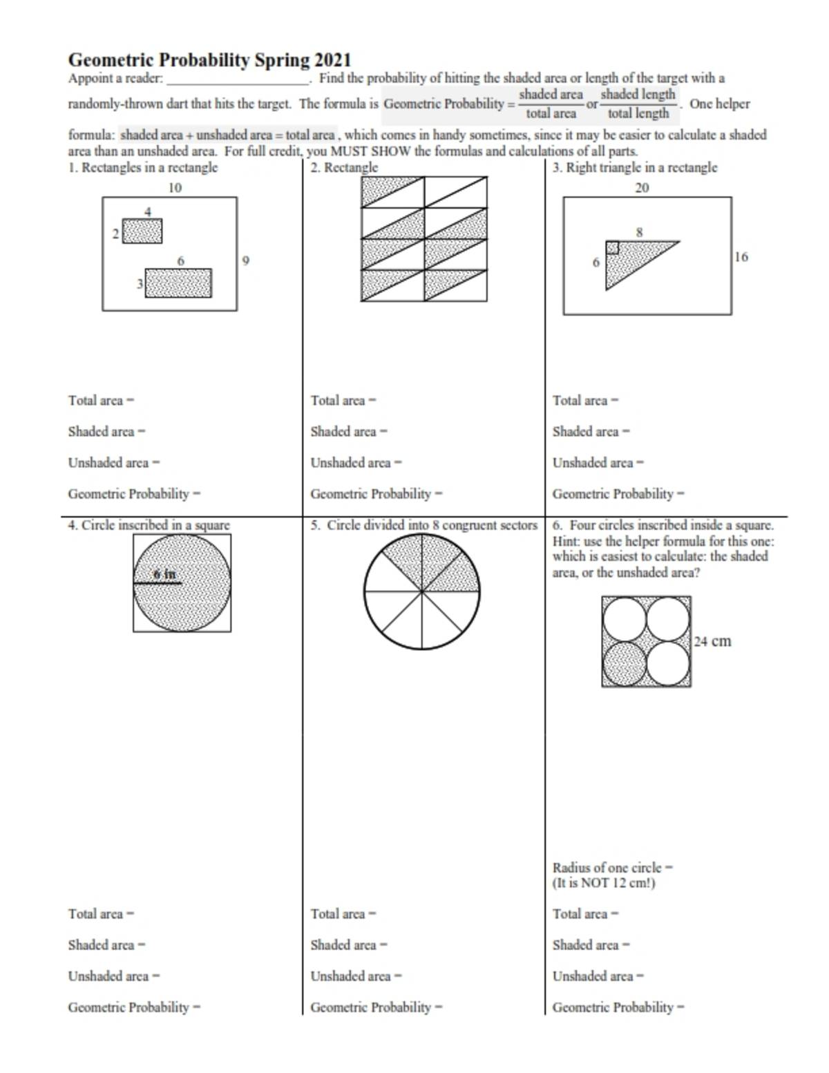 An educational teaching resource from Peter Jonnard entitled Geometry Probability Worksheet with Answer Key downloadable at Teach Simple.