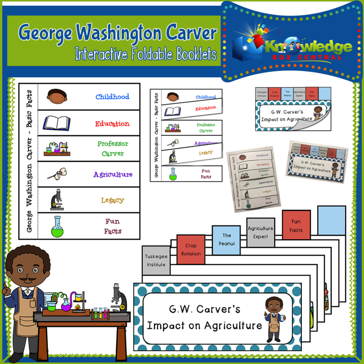 An educational teaching resource from Knowledge Box Central entitled George Washington Carver Interactive Foldable Booklets – EBOOK downloadable at Teach Simple.