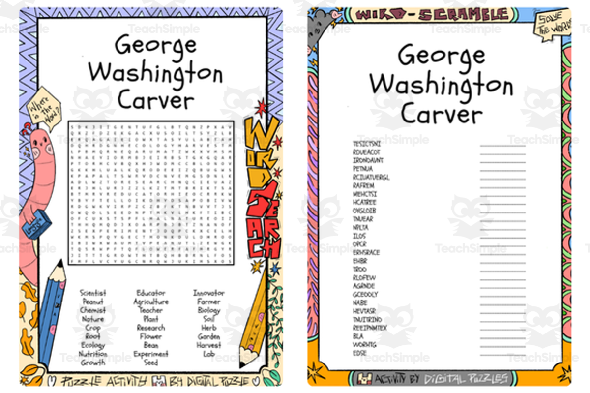 An educational teaching resource from Lapiiin Art Activities entitled George Washington Carver word search & scramble downloadable at Teach Simple.