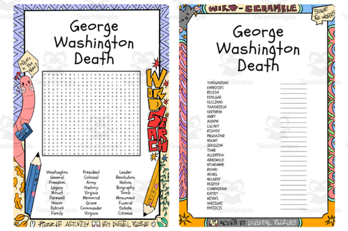 An educational teaching resource from Lapiiin Art Activities entitled George Washington Death word search & scramble downloadable at Teach Simple.