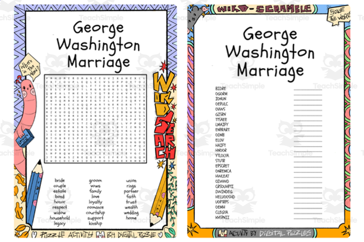 An educational teaching resource from Lapiiin Art Activities entitled George Washington Marriage word search & scramble downloadable at Teach Simple.