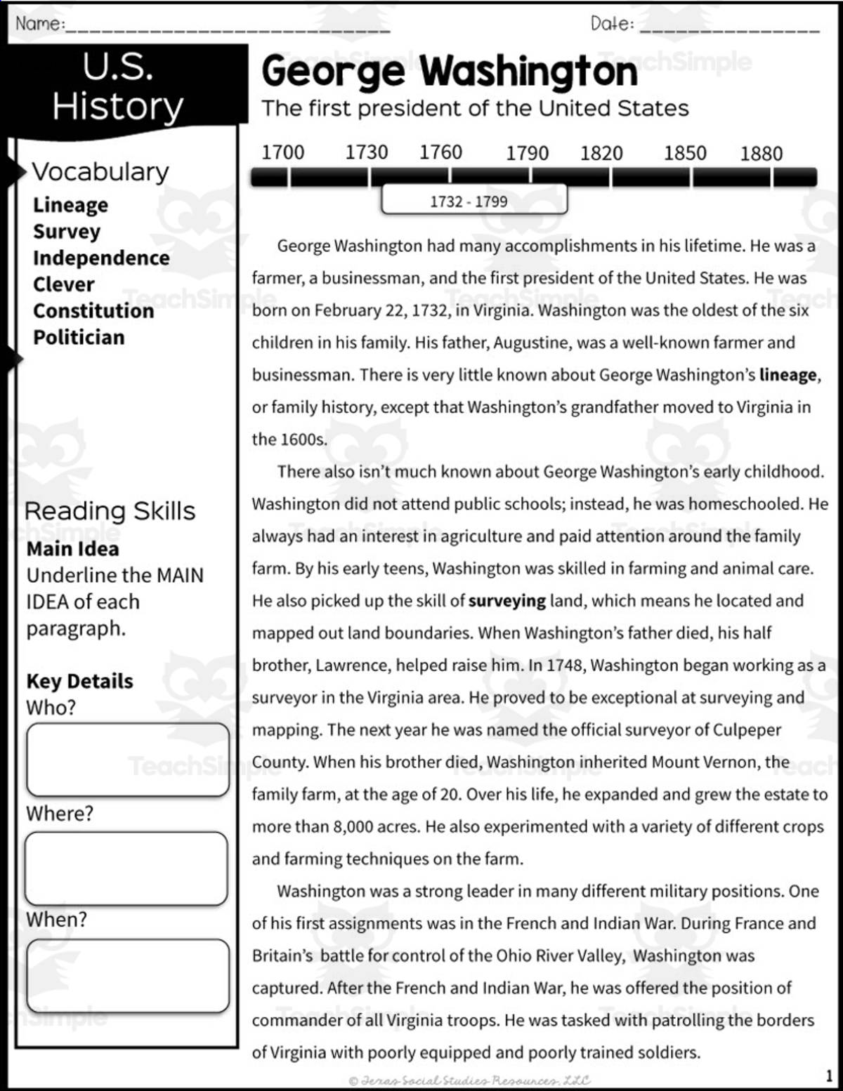 An educational teaching resource from Sarah Miller Tech entitled George Washington Reading Packet downloadable at Teach Simple.