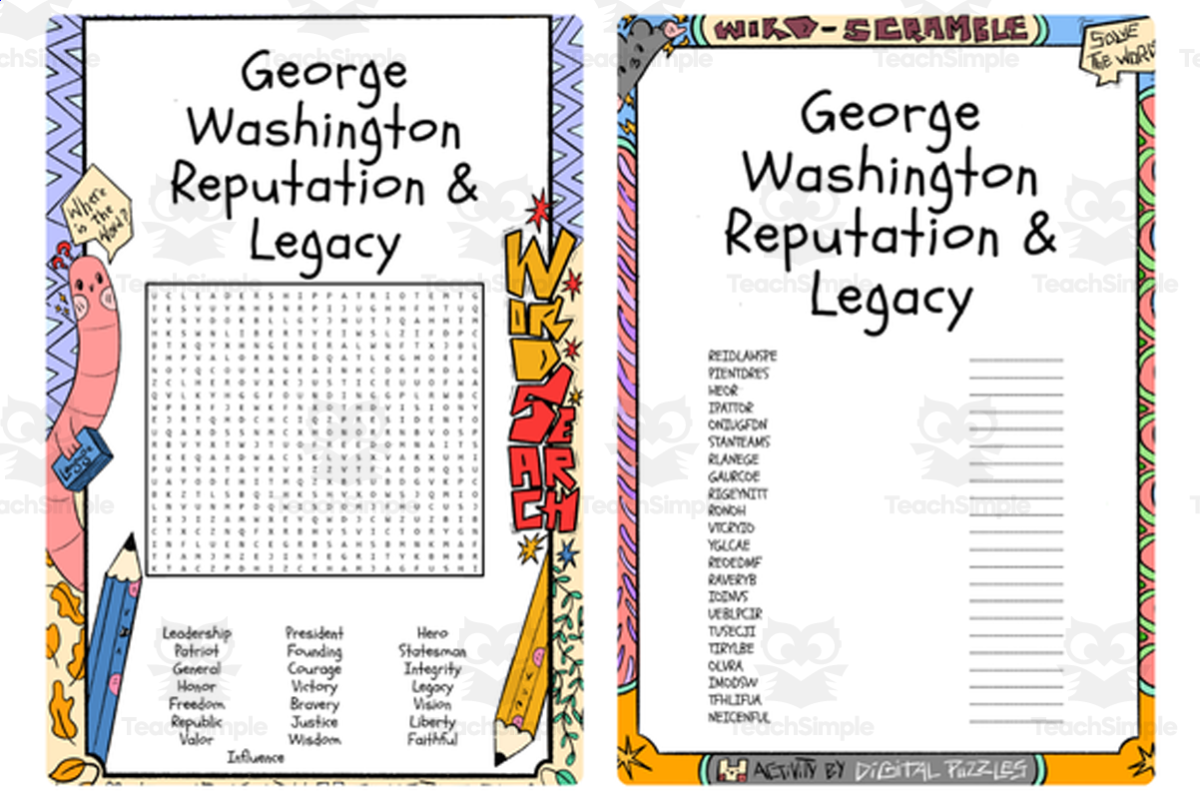 An educational teaching resource from Lapiiin Art Activities entitled George Washington Reputation & Legacy word search & scramble downloadable at Teach Simple.