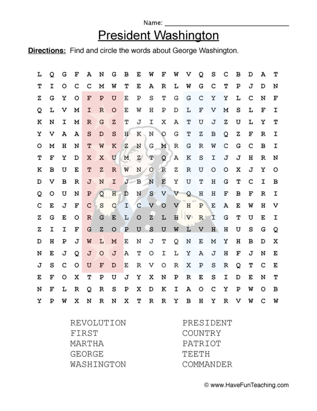 An educational teaching resource from Have Fun Teaching entitled George Washington Word Search Worksheet downloadable at Teach Simple.
