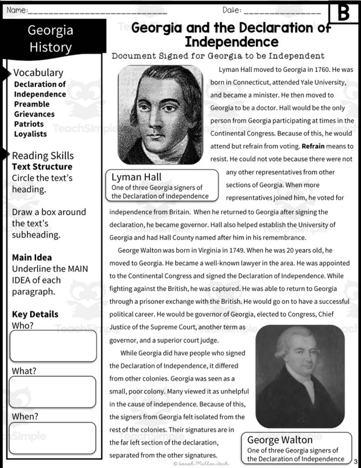 An educational teaching resource from Sarah Miller Tech entitled Georgia and the Declaration of Independence Reading Packet downloadable at Teach Simple.