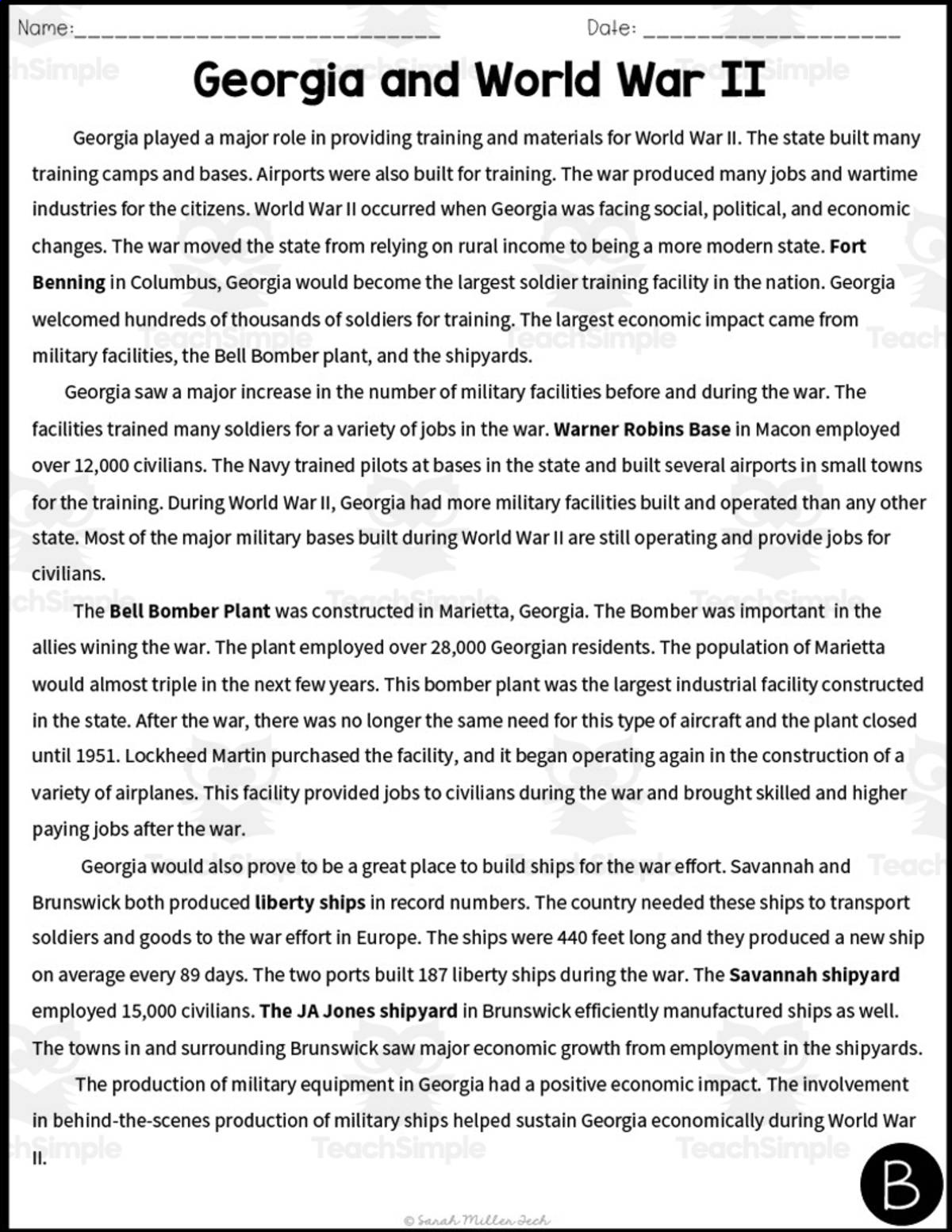 An educational teaching resource from Sarah Miller Tech entitled Georgia and World War II Reading Packet downloadable at Teach Simple.