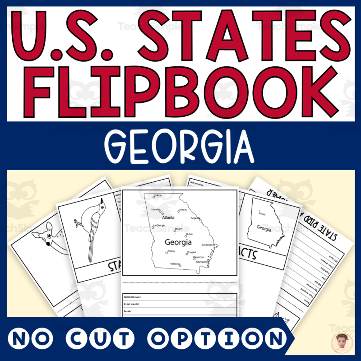 An educational teaching resource from Heather Huhman entitled Georgia State Flipbook (Capital, Bird, Flower, Flag, Animal) downloadable at Teach Simple.