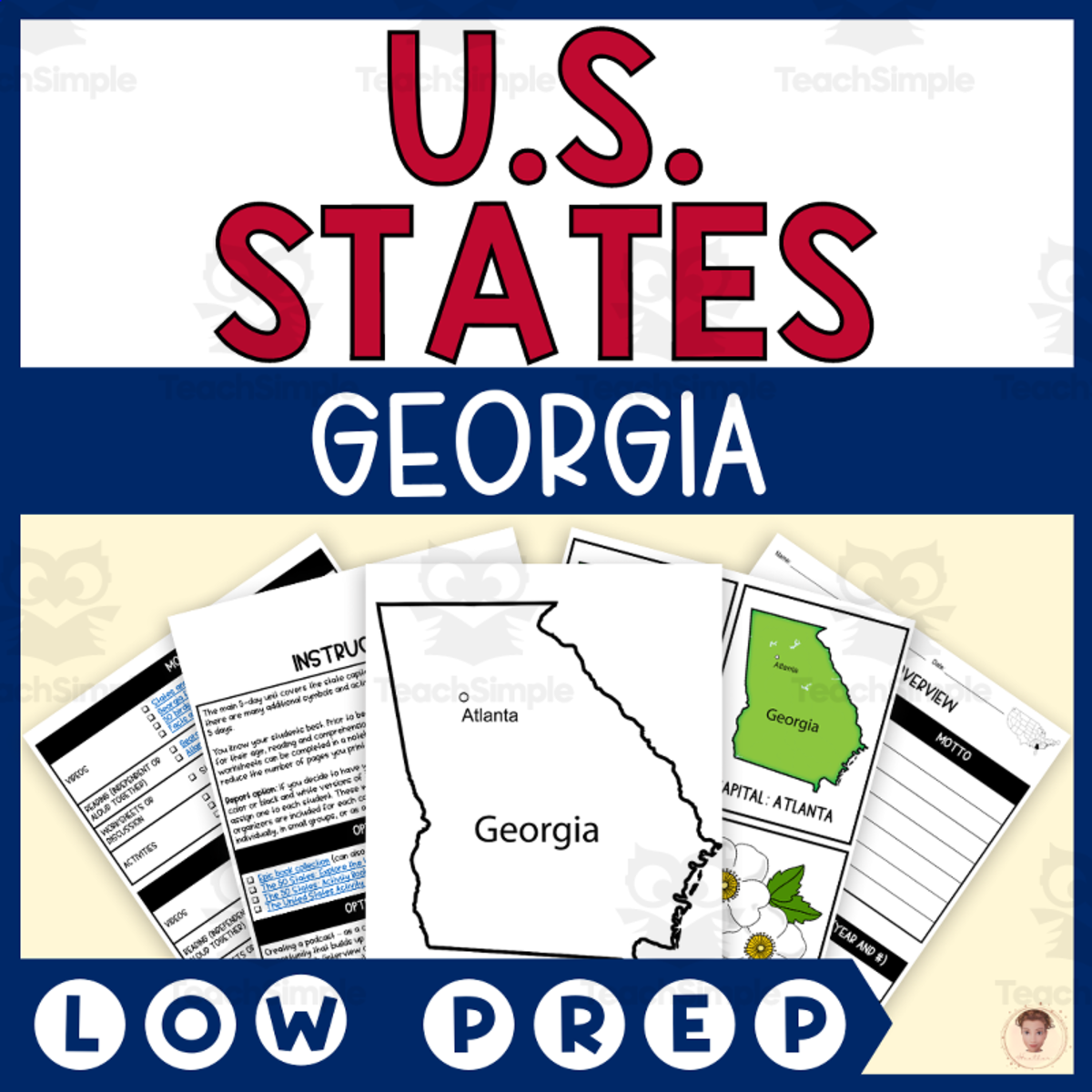 An educational teaching resource from Heather Huhman entitled Georgia State Unit Study (Capital, Bird, Flower, Flag, Animal) downloadable at Teach Simple.