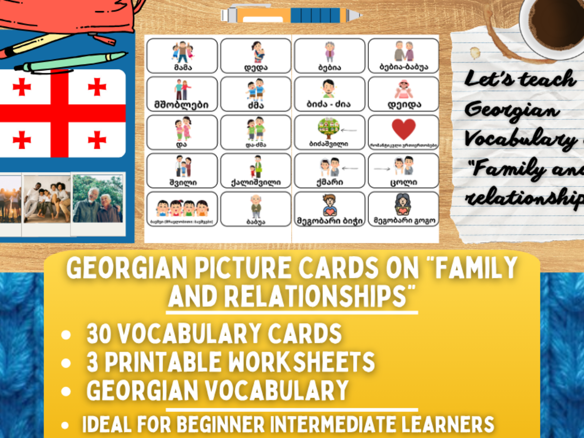 An educational teaching resource from Learning with Alan entitled Georgian Picture Vocabulary Flashcards - Family & Relationships downloadable at Teach Simple.