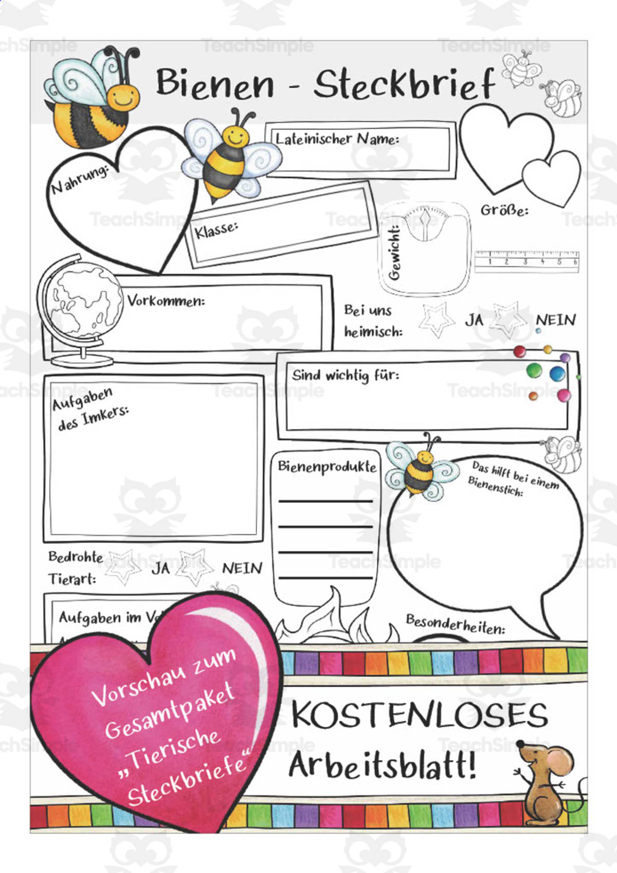 An educational teaching resource from Better Teaching Resources entitled German: Animal Characteristics Worksheet - Bee Printable downloadable at Teach Simple.