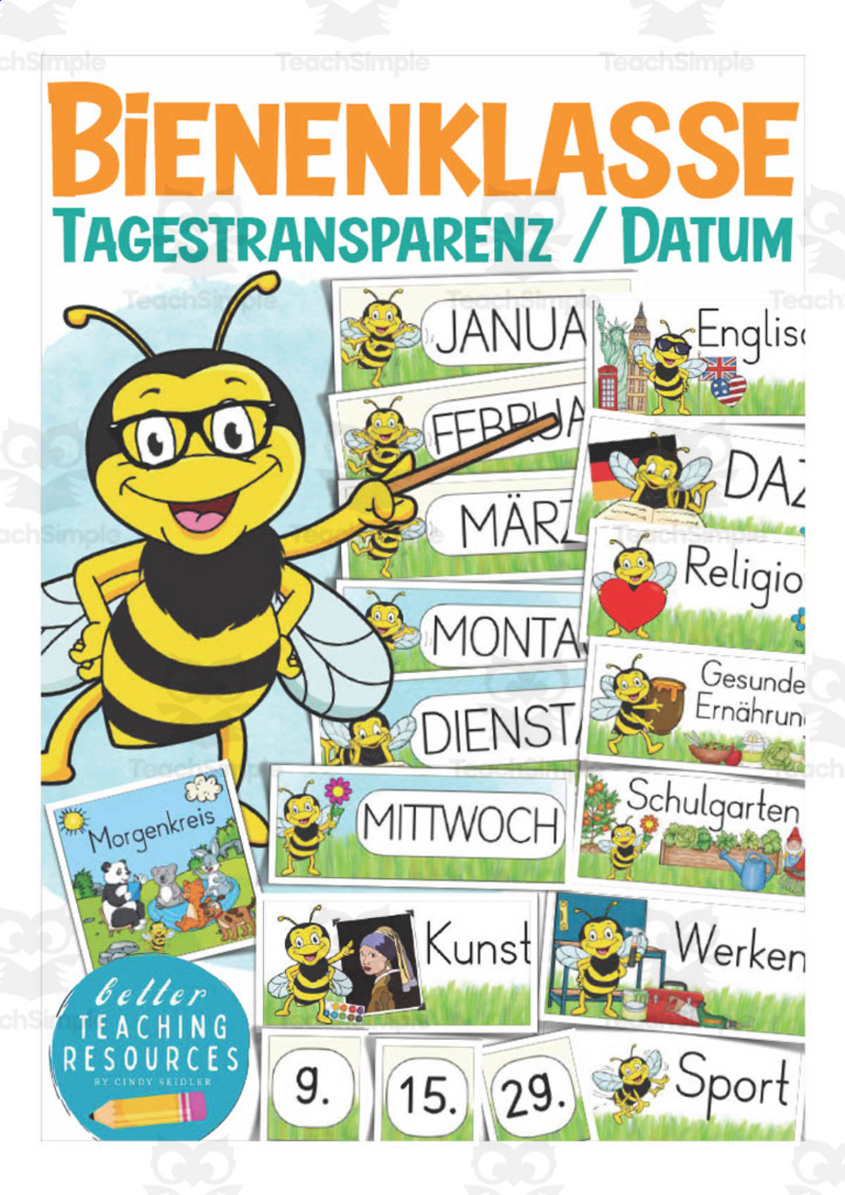 An educational teaching resource from Better Teaching Resources entitled German: Bee Themed Class Material | Blackboard Cards & Blank Templates downloadable at Teach Simple.