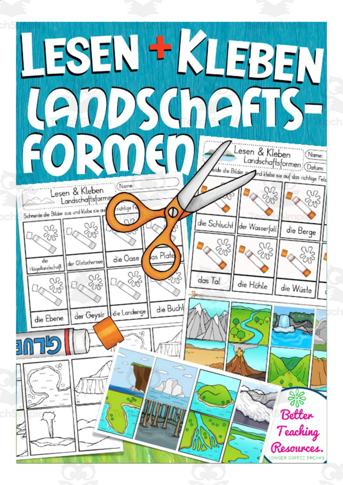 An educational teaching resource from Better Teaching Resources entitled German Cut & Glue Activity: Landforms downloadable at Teach Simple.