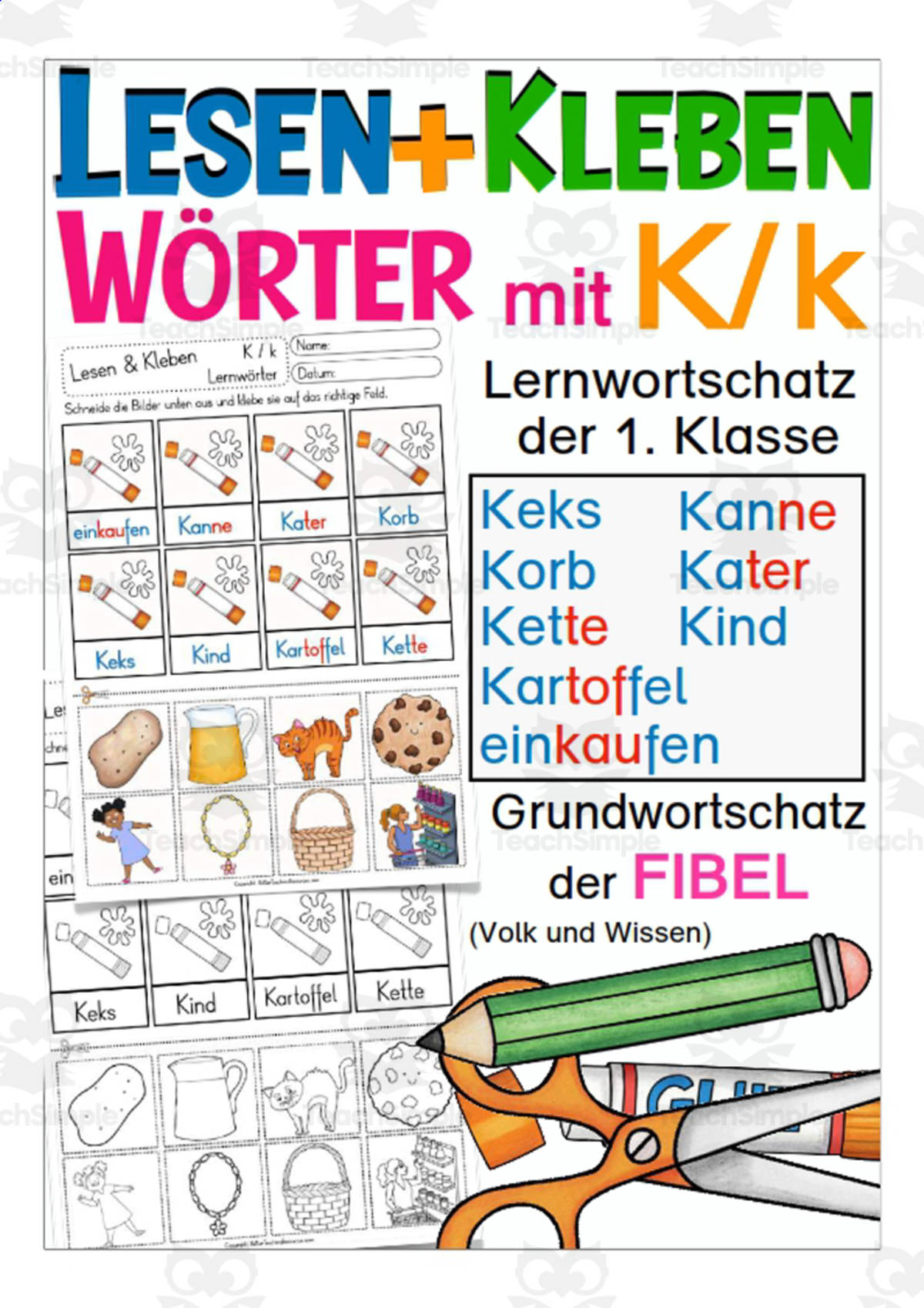 An educational teaching resource from Better Teaching Resources entitled German Cut & Glue Activity: Words with K downloadable at Teach Simple.