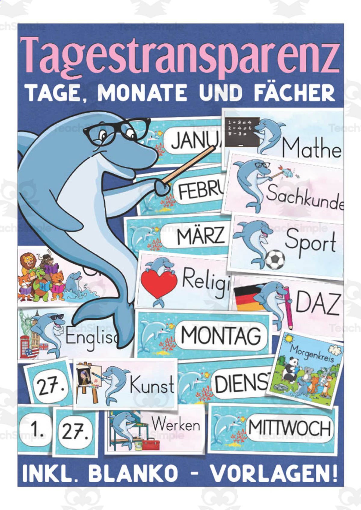 An educational teaching resource from Better Teaching Resources entitled German: Dolphin Themed Class Material | Table Cards & Blank Templates downloadable at Teach Simple.