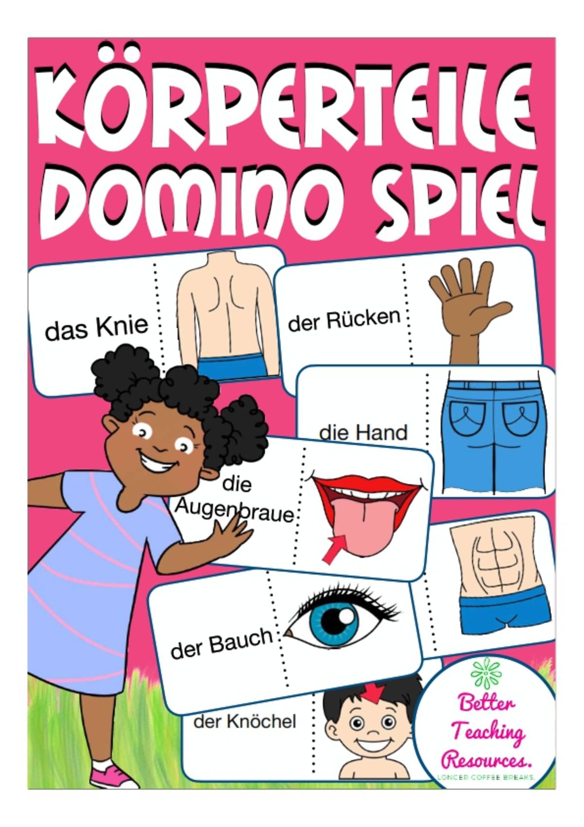 An educational teaching resource from Better Teaching Resources entitled German Dominoes: Body Parts downloadable at Teach Simple.