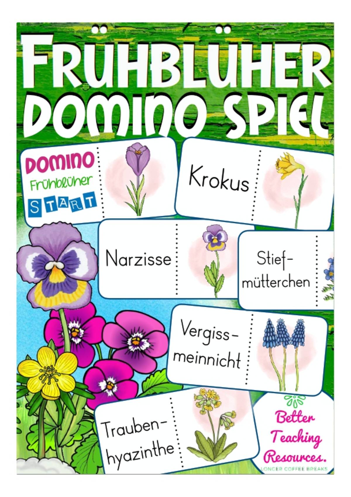 An educational teaching resource from Better Teaching Resources entitled German Dominoes: Flowers downloadable at Teach Simple.