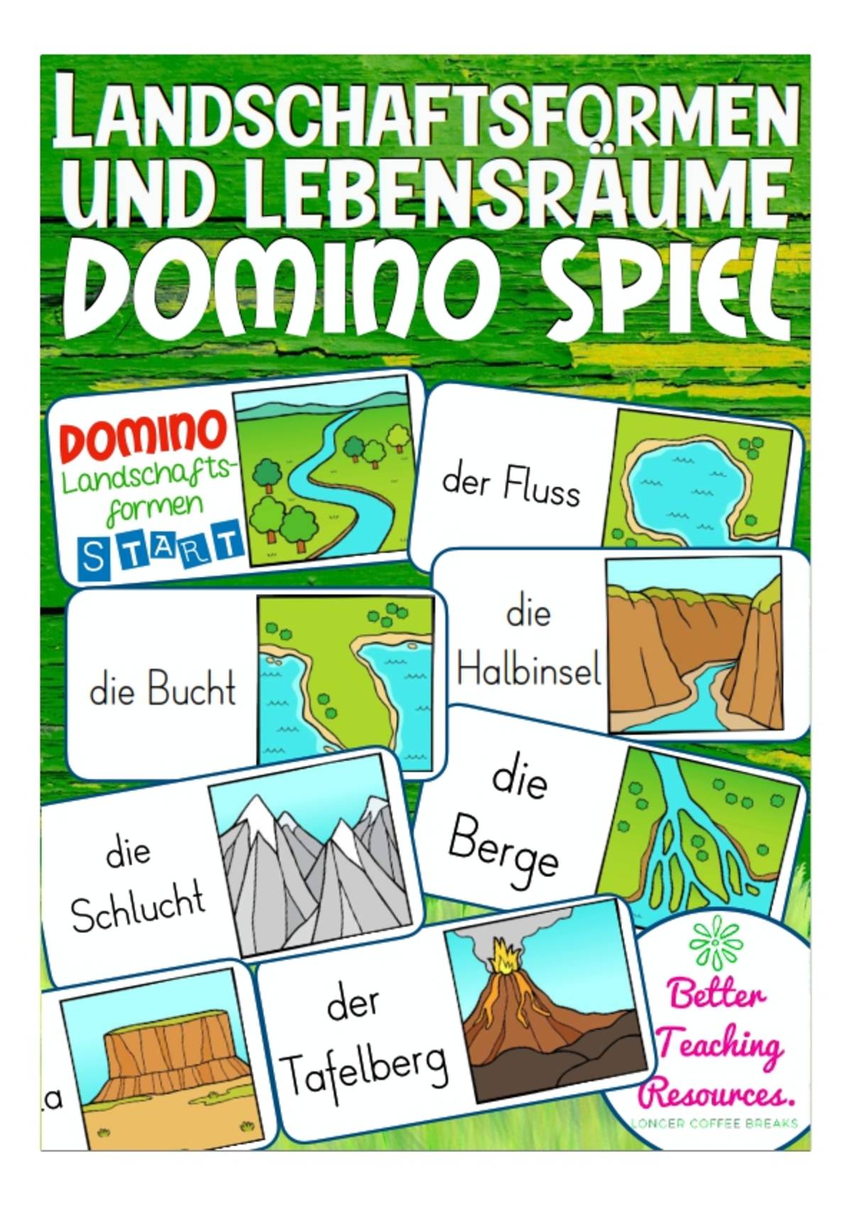 An educational teaching resource from Better Teaching Resources entitled German Dominoes: Landforms downloadable at Teach Simple.