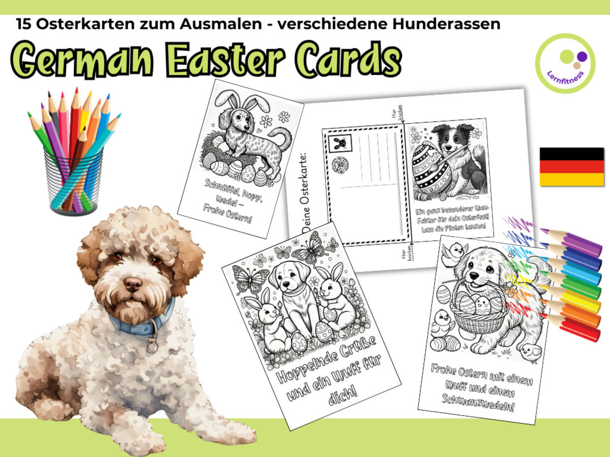An educational teaching resource from Lernfitness entitled German: Easter Dog-Themed Coloring Cards – A Fun Way to Learn German! downloadable at Teach Simple.