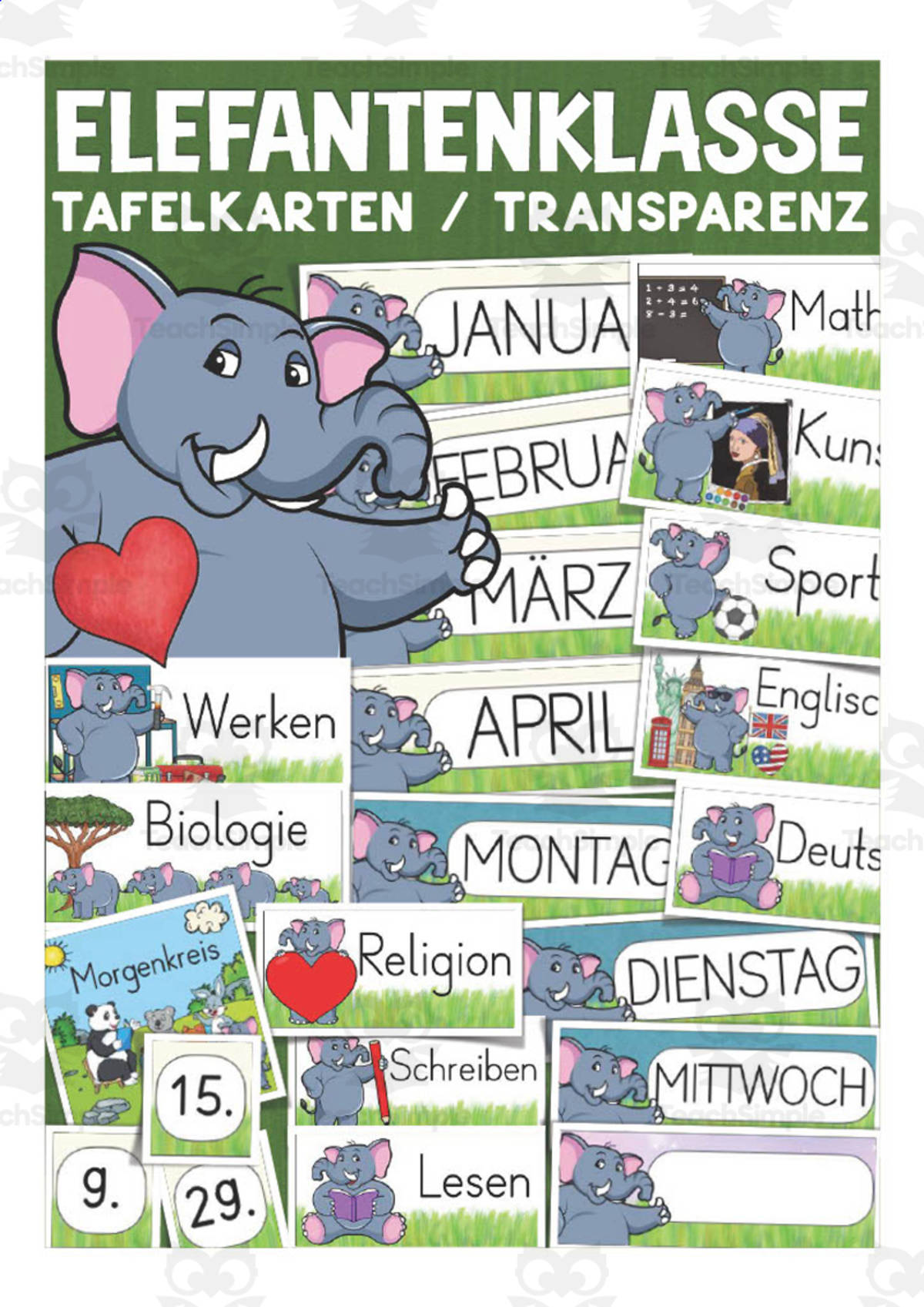 An educational teaching resource from Better Teaching Resources entitled German: Elephant Themed Class Material | Table Cards & Blank Templates downloadable at Teach Simple.