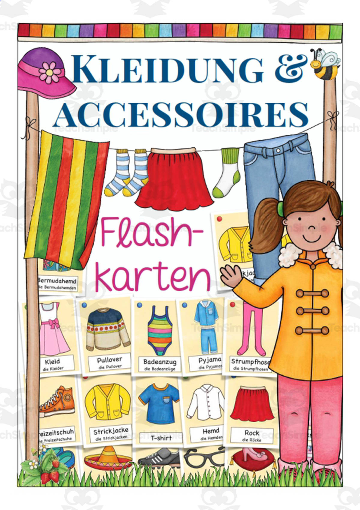 An educational teaching resource from Better Teaching Resources entitled German Flash Cards: Clothing & Accessories downloadable at Teach Simple.