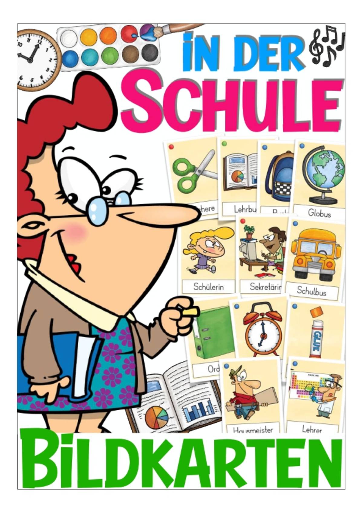 An educational teaching resource from Better Teaching Resources entitled German Flash Cards: School & Classroom Items downloadable at Teach Simple.