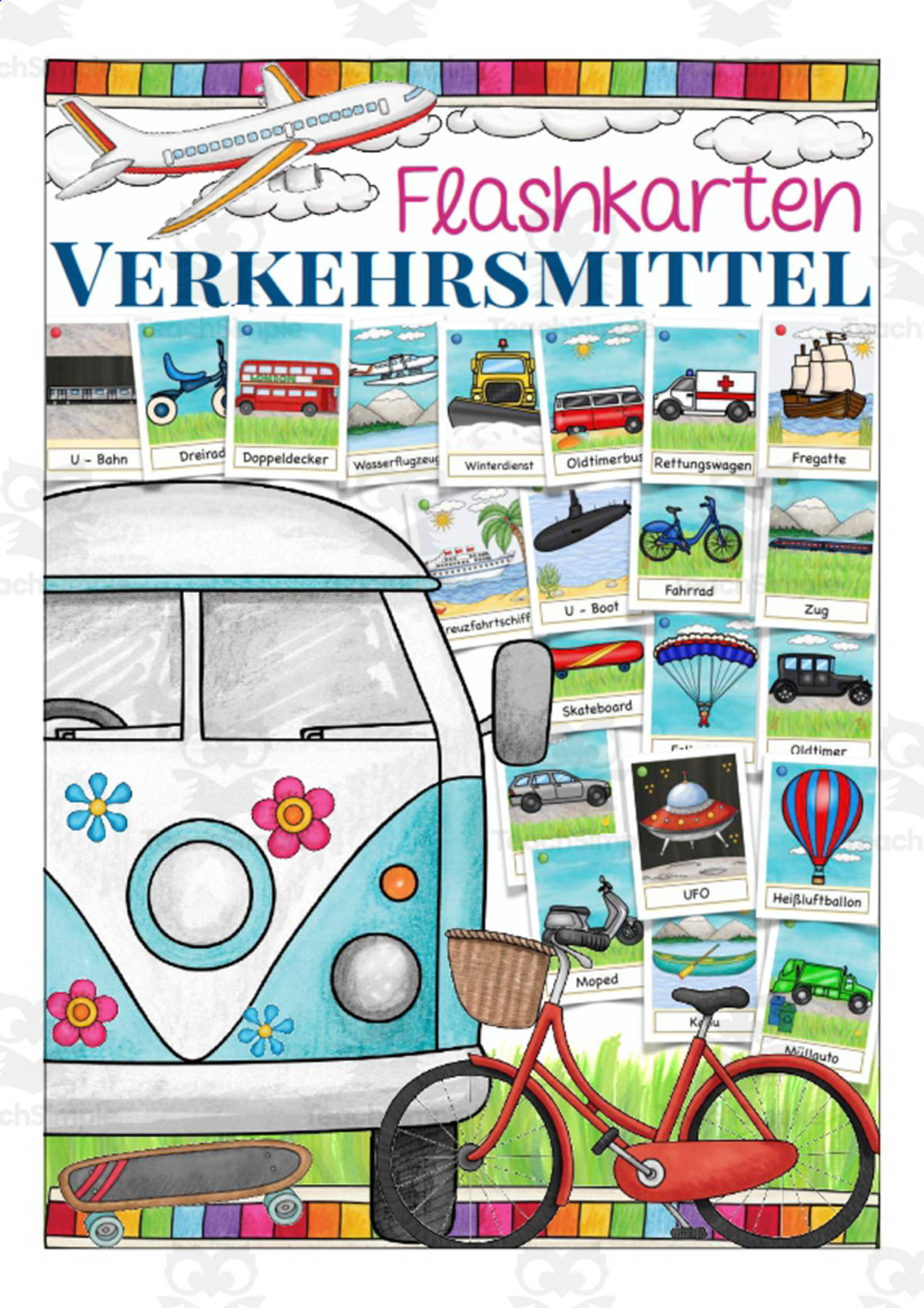 An educational teaching resource from Better Teaching Resources entitled German Flash Cards: Types of Transportation downloadable at Teach Simple.
