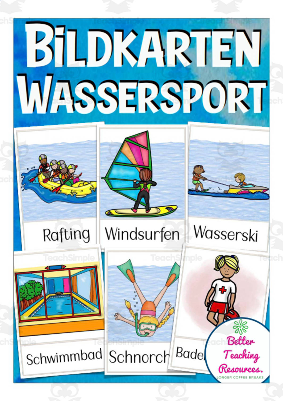 An educational teaching resource from Better Teaching Resources entitled German Flash Cards: Water Sports downloadable at Teach Simple.