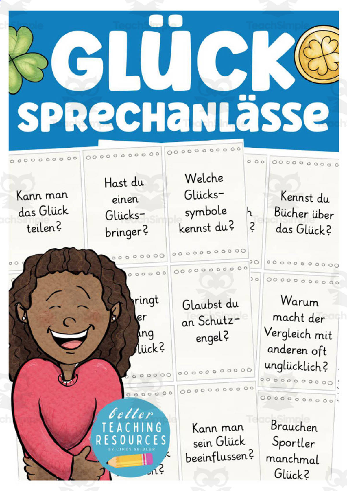 An educational teaching resource from Better Teaching Resources entitled German: Happiness Theme Speaking Card Set downloadable at Teach Simple.