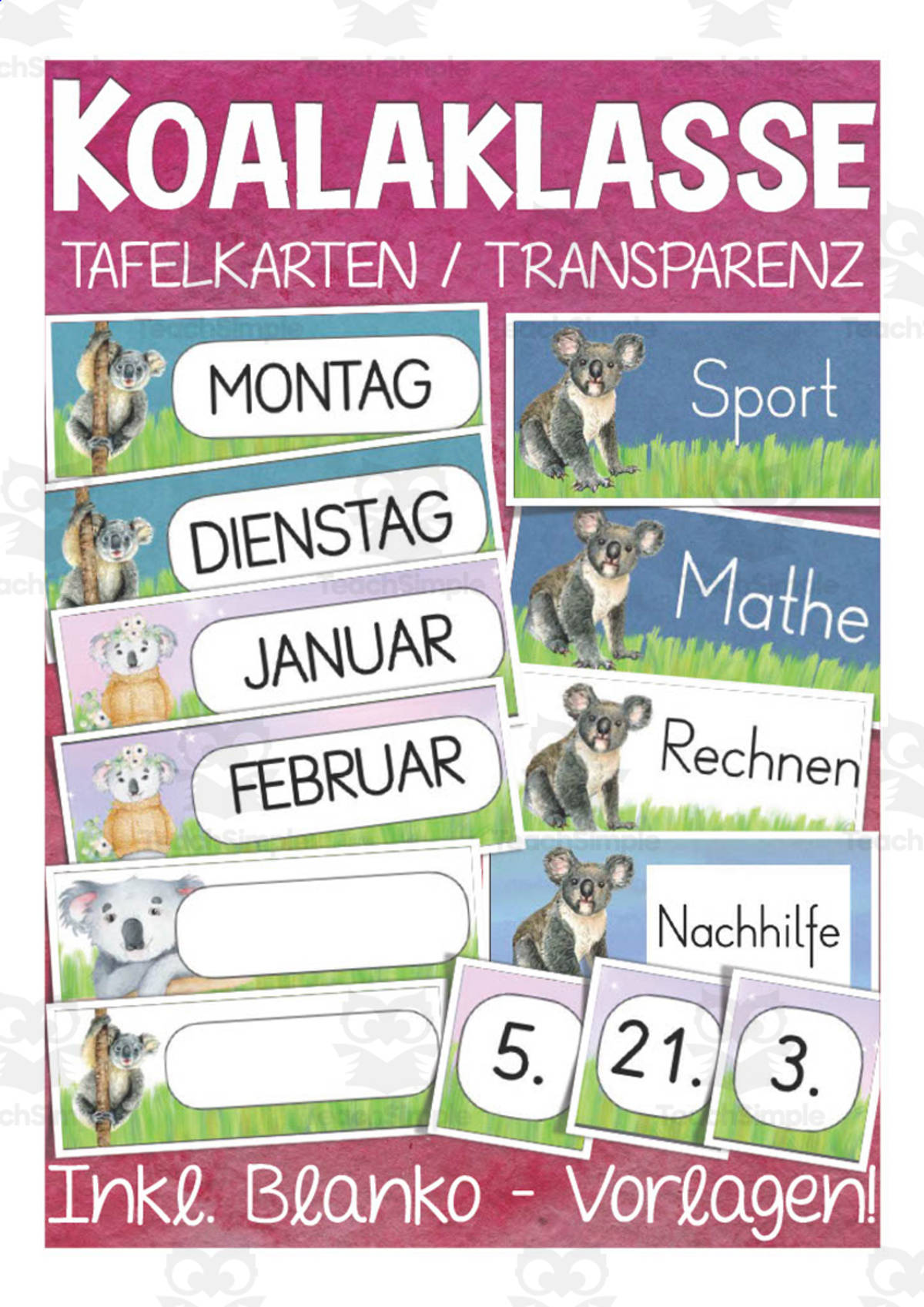 An educational teaching resource from Better Teaching Resources entitled German: Koala Themed Class Material | Blackboard Cards & Blank Templates downloadable at Teach Simple.