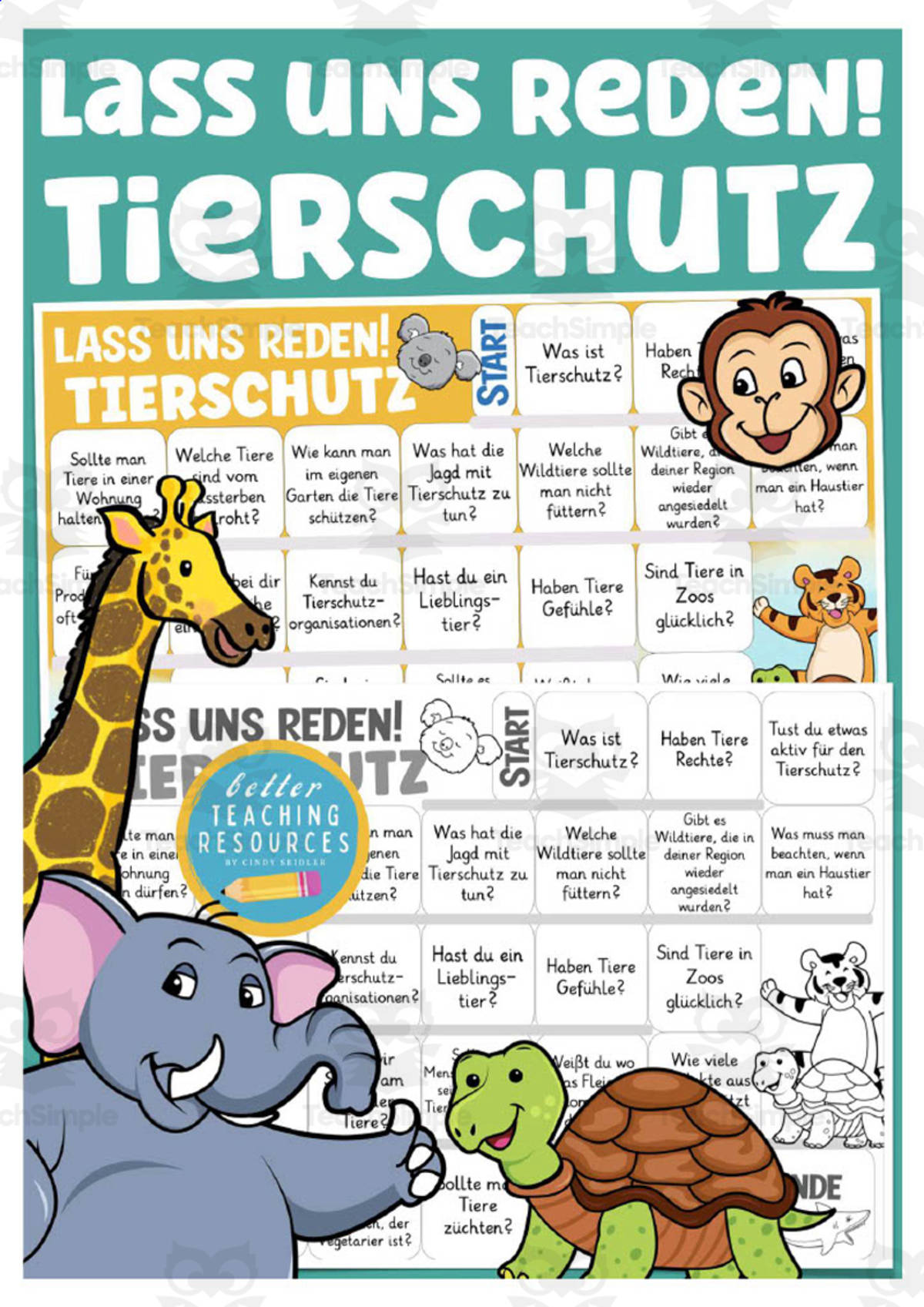An educational teaching resource from Better Teaching Resources entitled German: Let's Talk About Animal Welfare Board Game downloadable at Teach Simple.