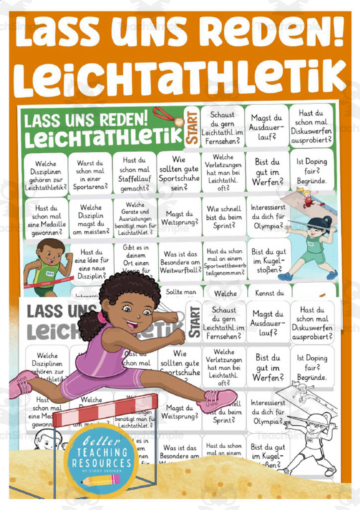 An educational teaching resource from Better Teaching Resources entitled German: Let's Talk About Athletics Board Game downloadable at Teach Simple.