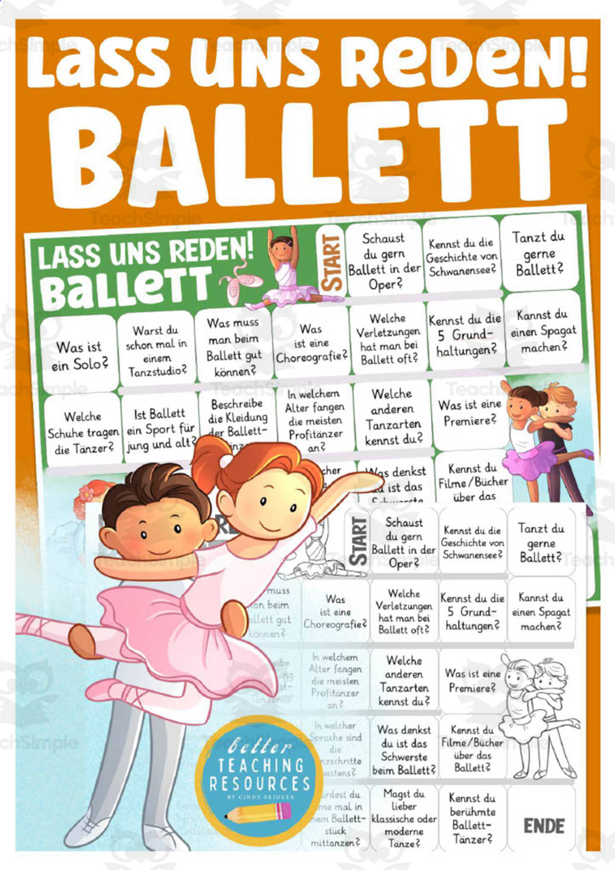 An educational teaching resource from Better Teaching Resources entitled German: Let's Talk About Ballet Board Game downloadable at Teach Simple.