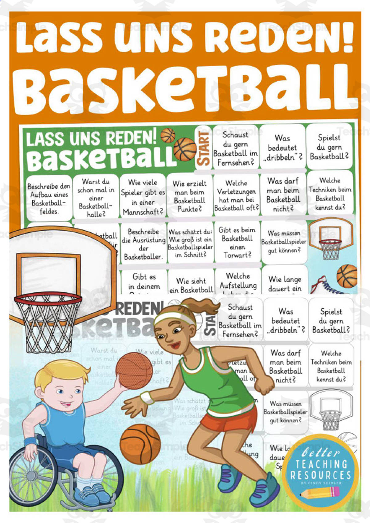 An educational teaching resource from Better Teaching Resources entitled German: Let's Talk About Basketball Board Game downloadable at Teach Simple.