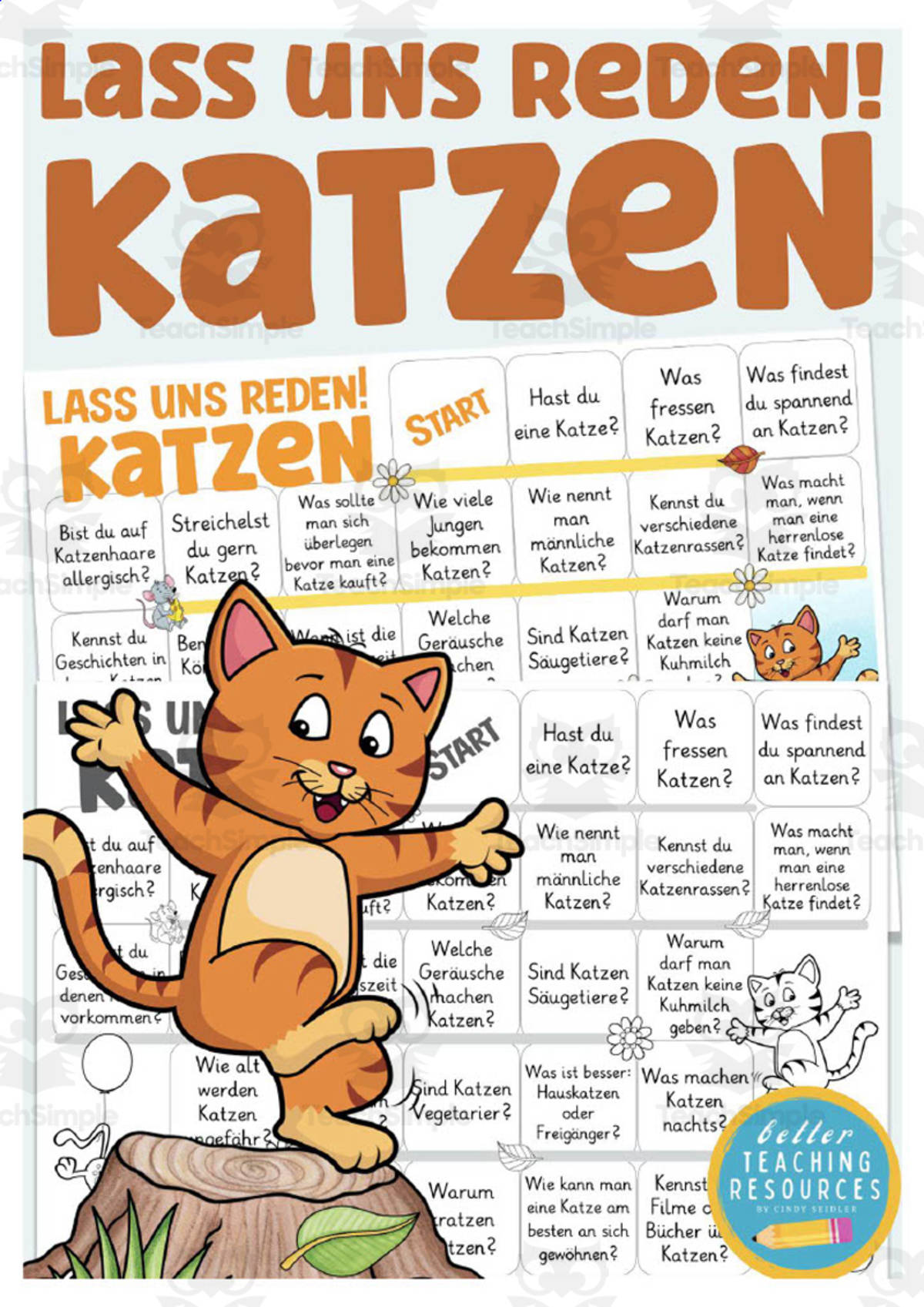 An educational teaching resource from Better Teaching Resources entitled German: Let's Talk About Cats Board Game downloadable at Teach Simple.
