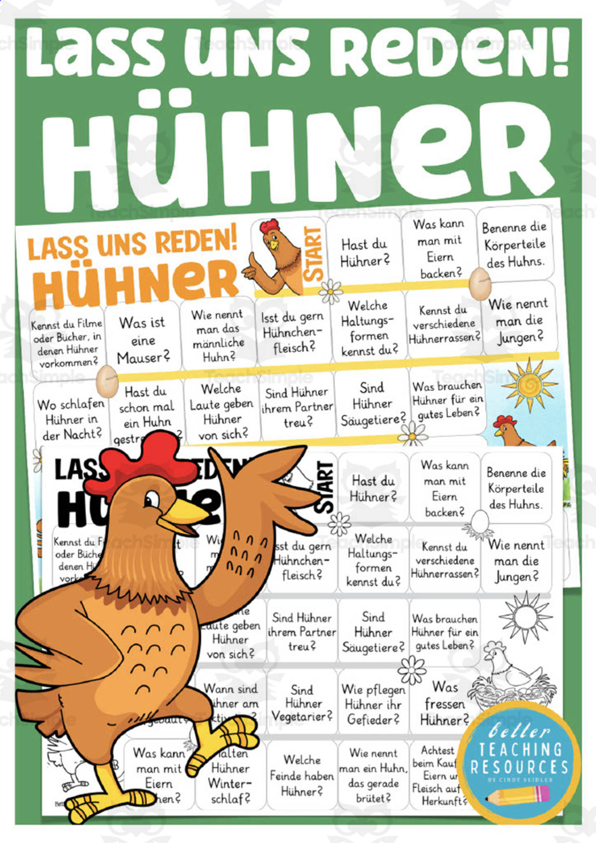 An educational teaching resource from Better Teaching Resources entitled German: Let's Talk About Chickens Board Game downloadable at Teach Simple.
