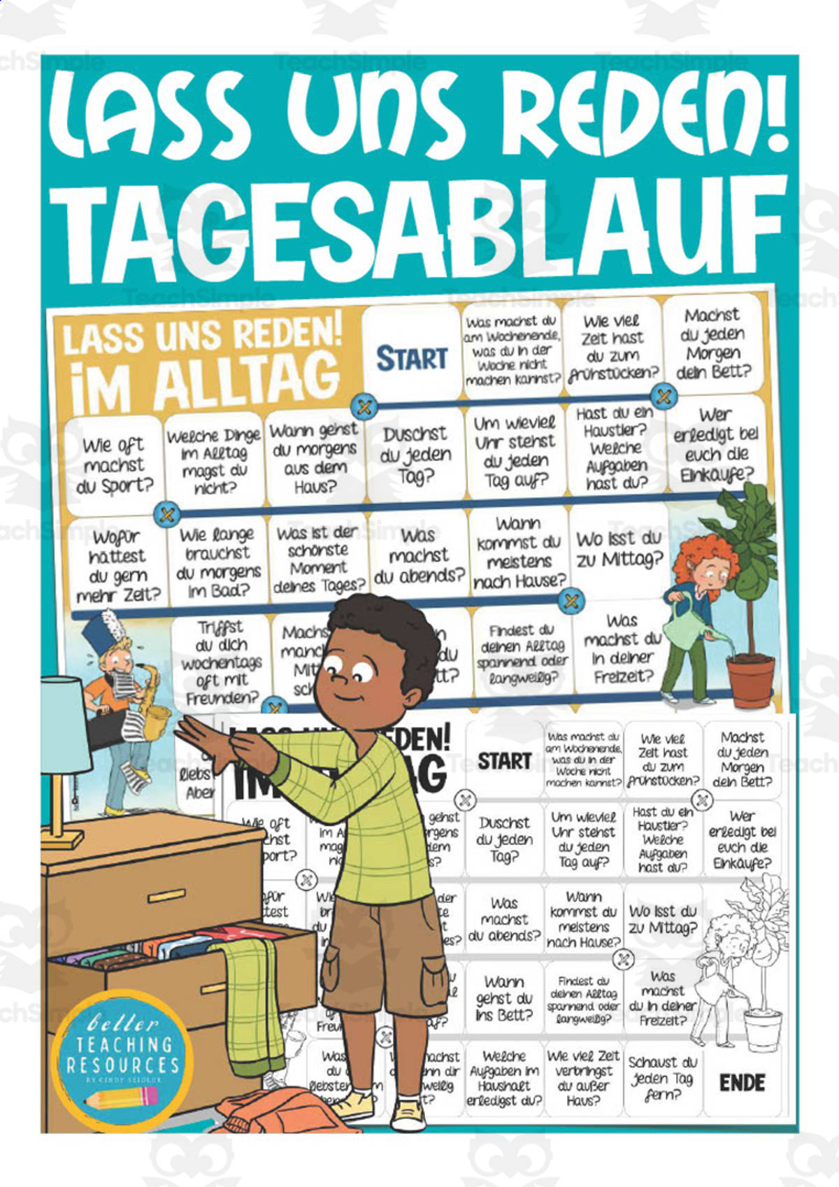 An educational teaching resource from Better Teaching Resources entitled German: Let's Talk About Daily Routines Board Game downloadable at Teach Simple.
