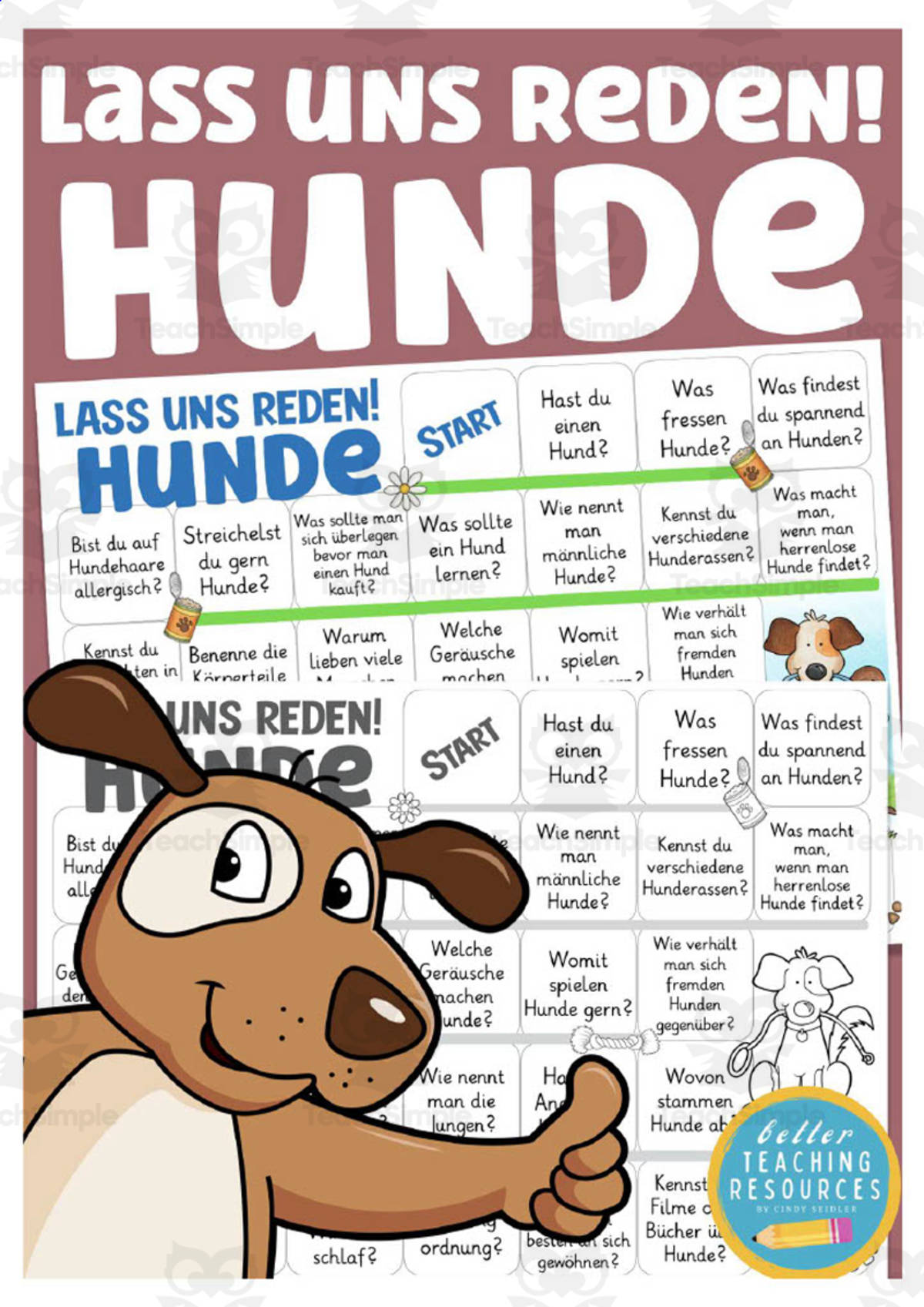 An educational teaching resource from Better Teaching Resources entitled German: Let's Talk About Dogs Board Game downloadable at Teach Simple.