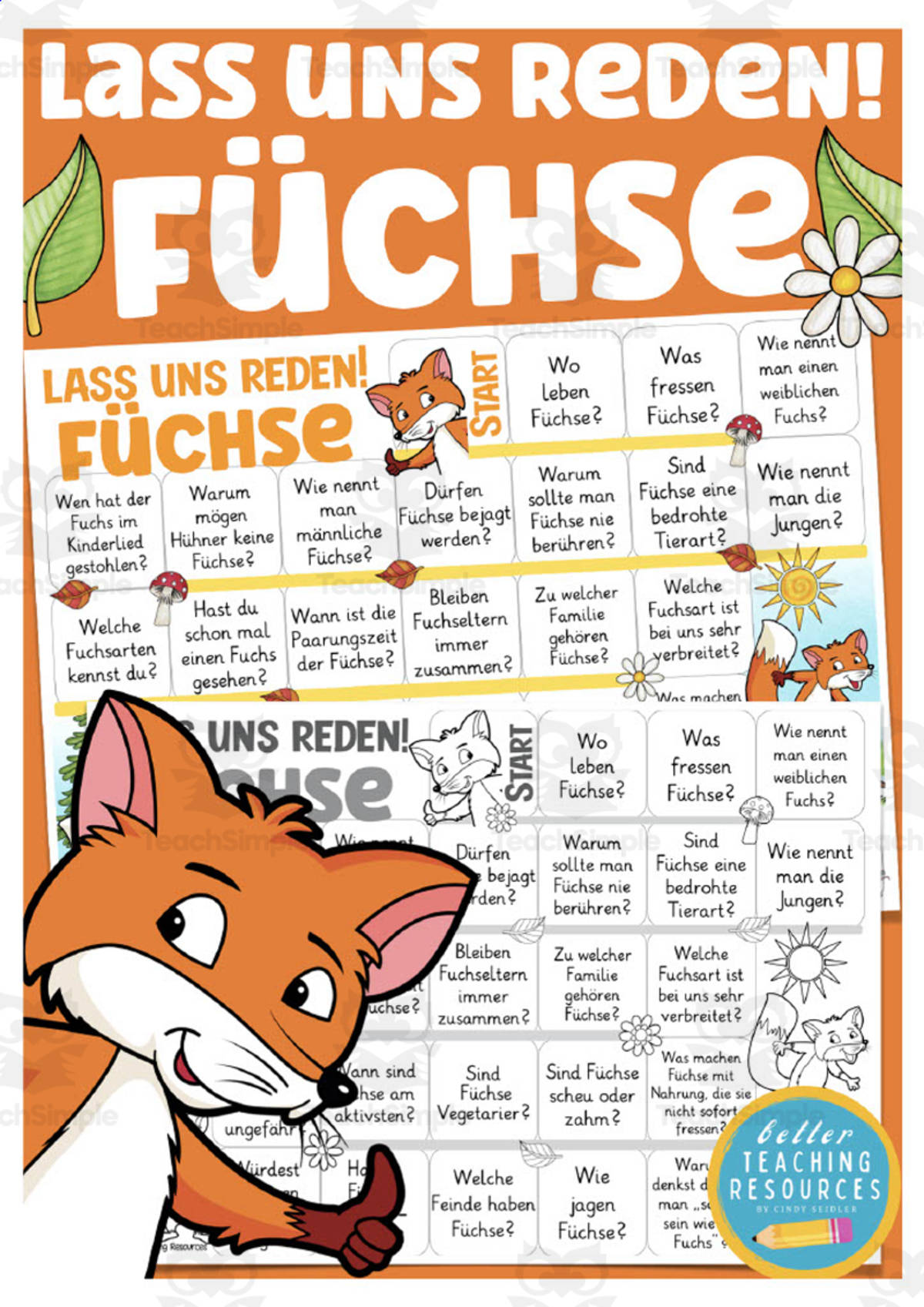 An educational teaching resource from Better Teaching Resources entitled German: Let's Talk About Foxes Board Game downloadable at Teach Simple.