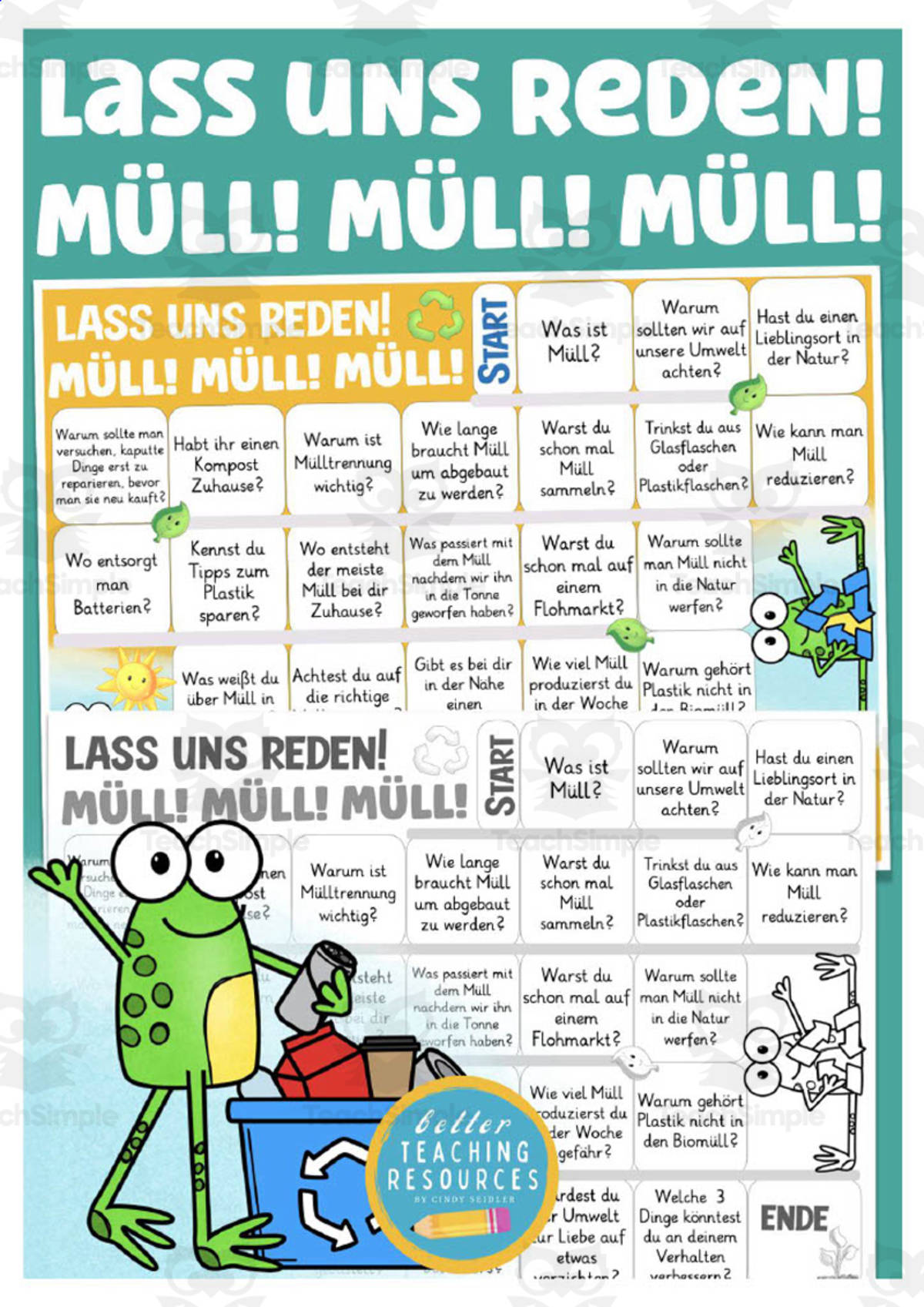 An educational teaching resource from Better Teaching Resources entitled German: Let's Talk About Garbage Board Game downloadable at Teach Simple.