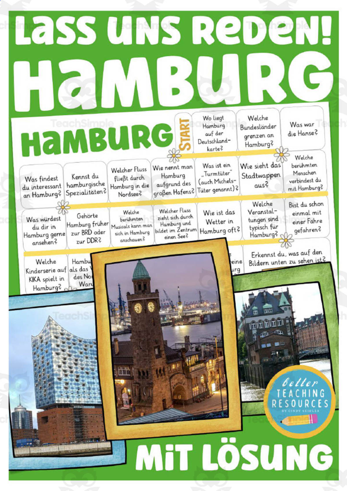 An educational teaching resource from Better Teaching Resources entitled German: Let's Talk About Hamburg Board Game downloadable at Teach Simple.