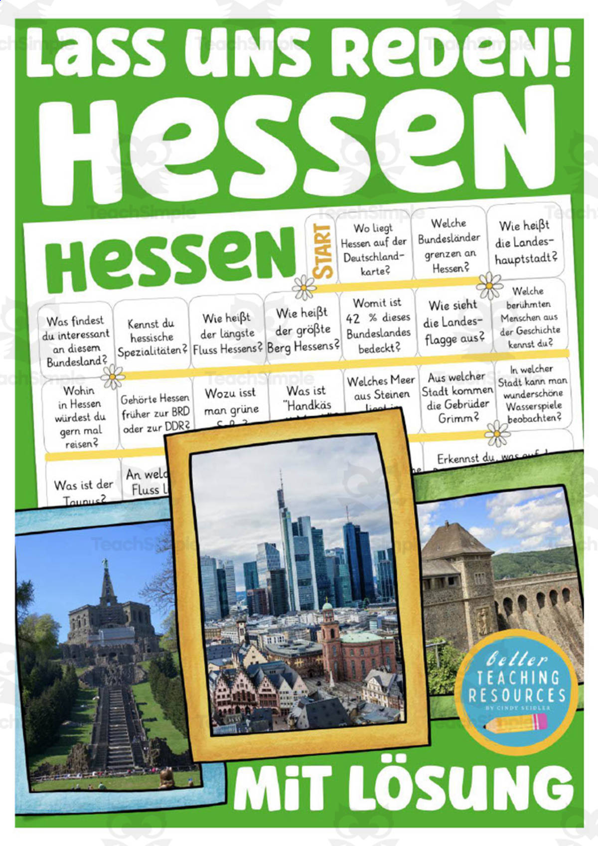 An educational teaching resource from Better Teaching Resources entitled German: Let's Talk About Hesse Board Game downloadable at Teach Simple.