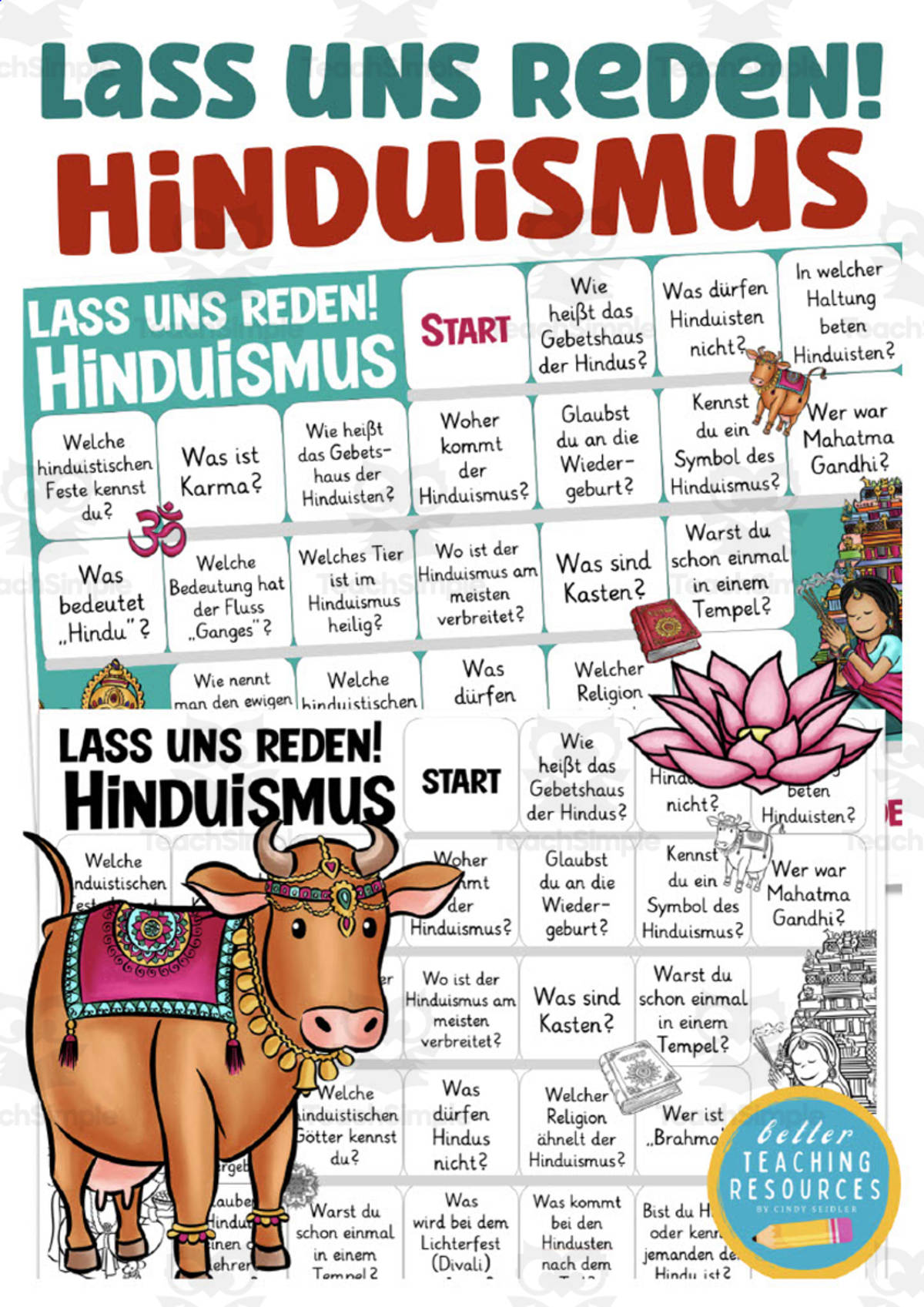 An educational teaching resource from Better Teaching Resources entitled German: Let's Talk About Hinduism Board Game downloadable at Teach Simple.