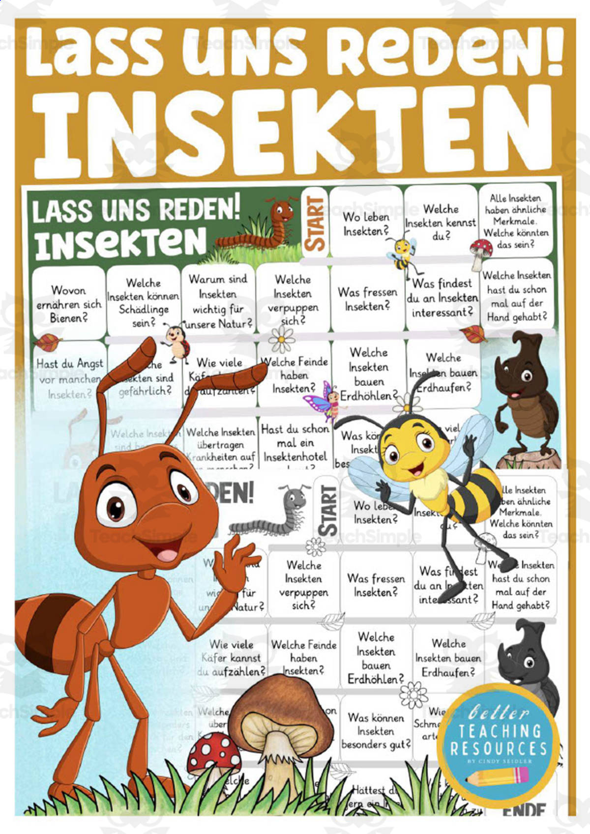 An educational teaching resource from Better Teaching Resources entitled German: Let's Talk About Insects Board Game downloadable at Teach Simple.