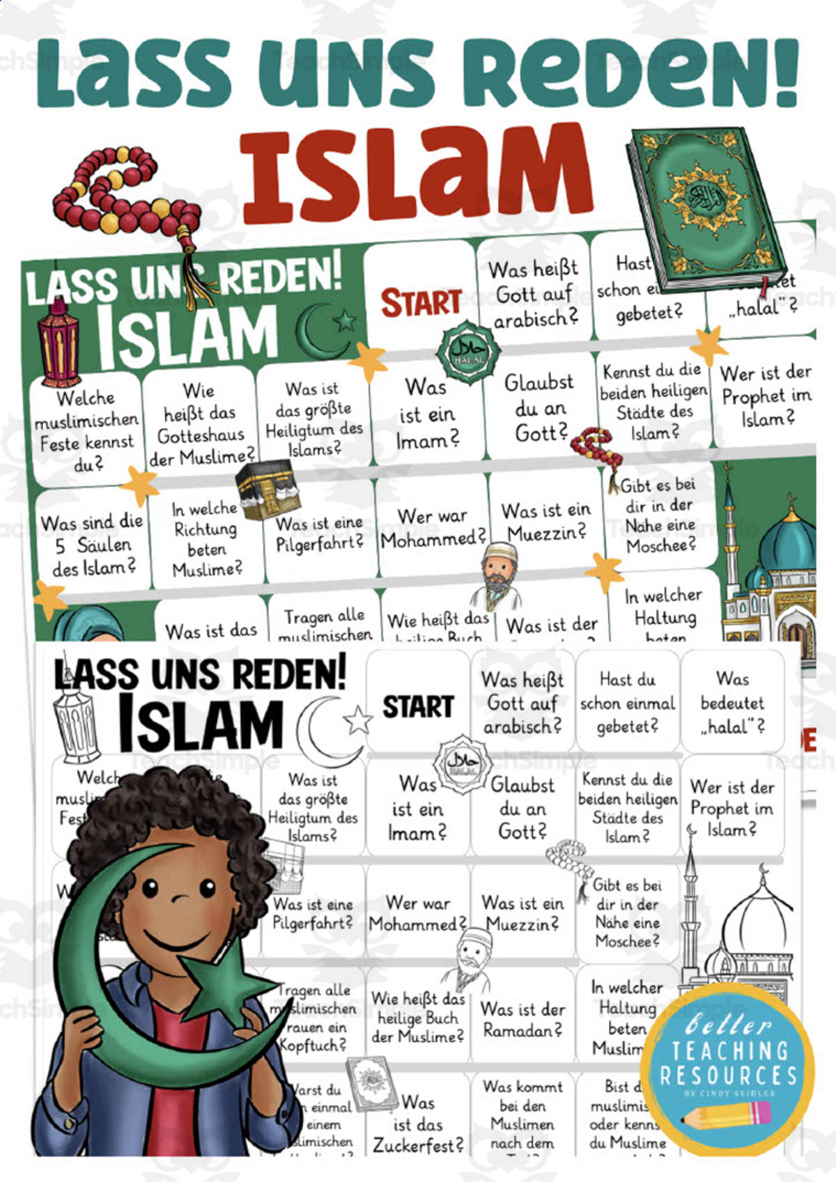 An educational teaching resource from Better Teaching Resources entitled German: Let's Talk About Islam Board Game downloadable at Teach Simple.