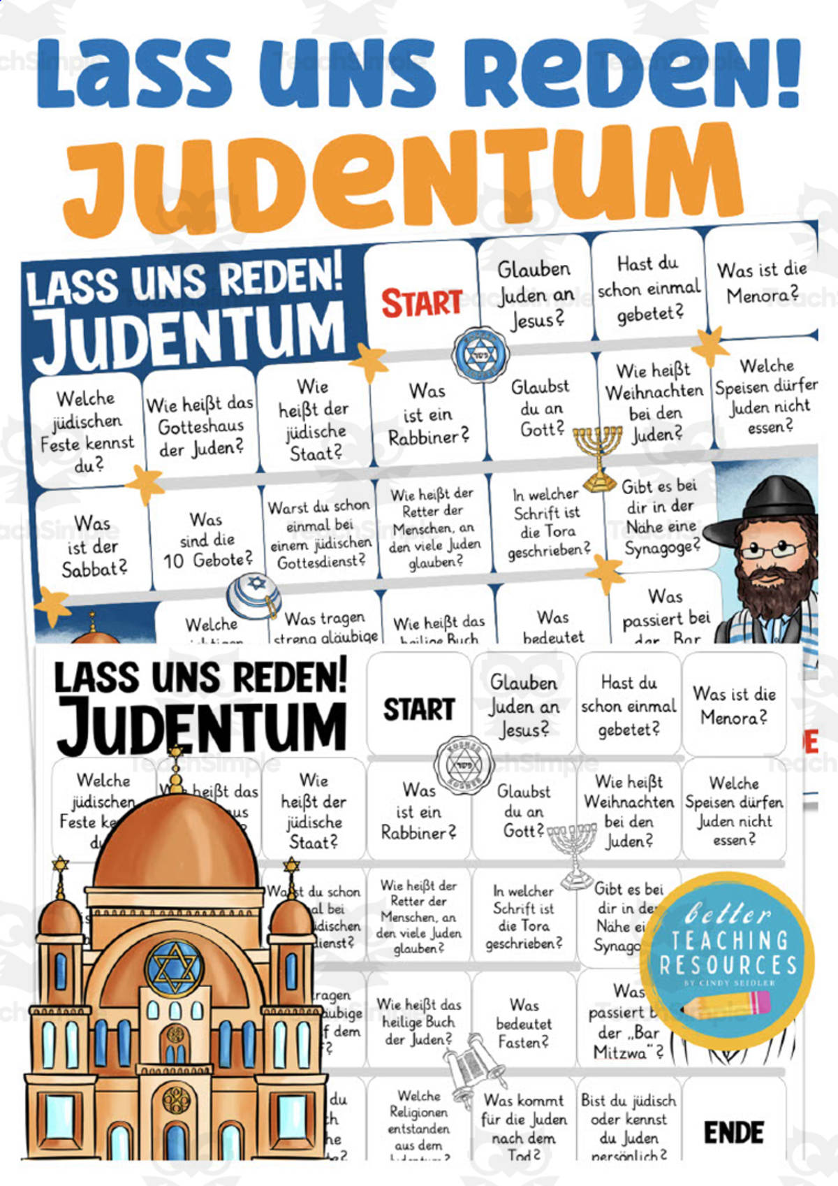An educational teaching resource from Better Teaching Resources entitled German: Let's Talk About Judaism Board Game downloadable at Teach Simple.