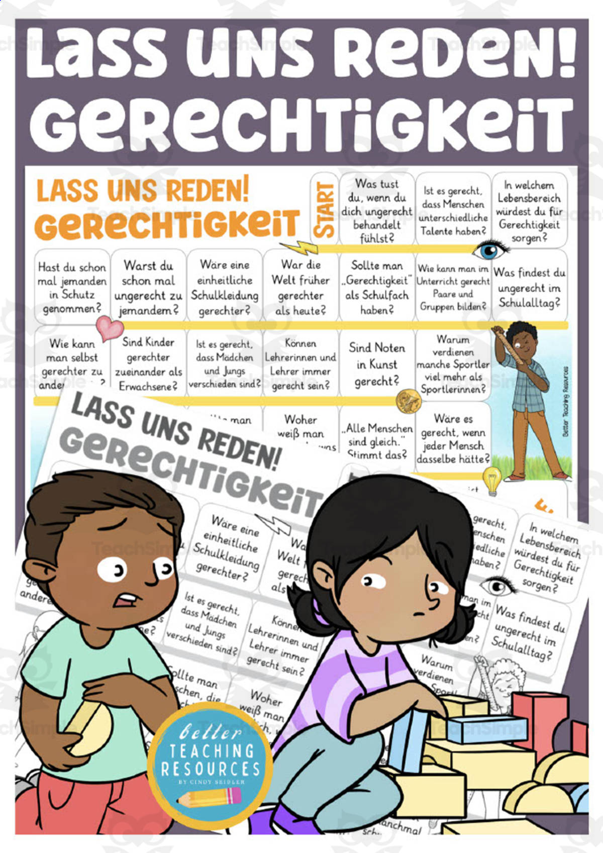 An educational teaching resource from Better Teaching Resources entitled German: Let's Talk About Justice Board Game downloadable at Teach Simple.
