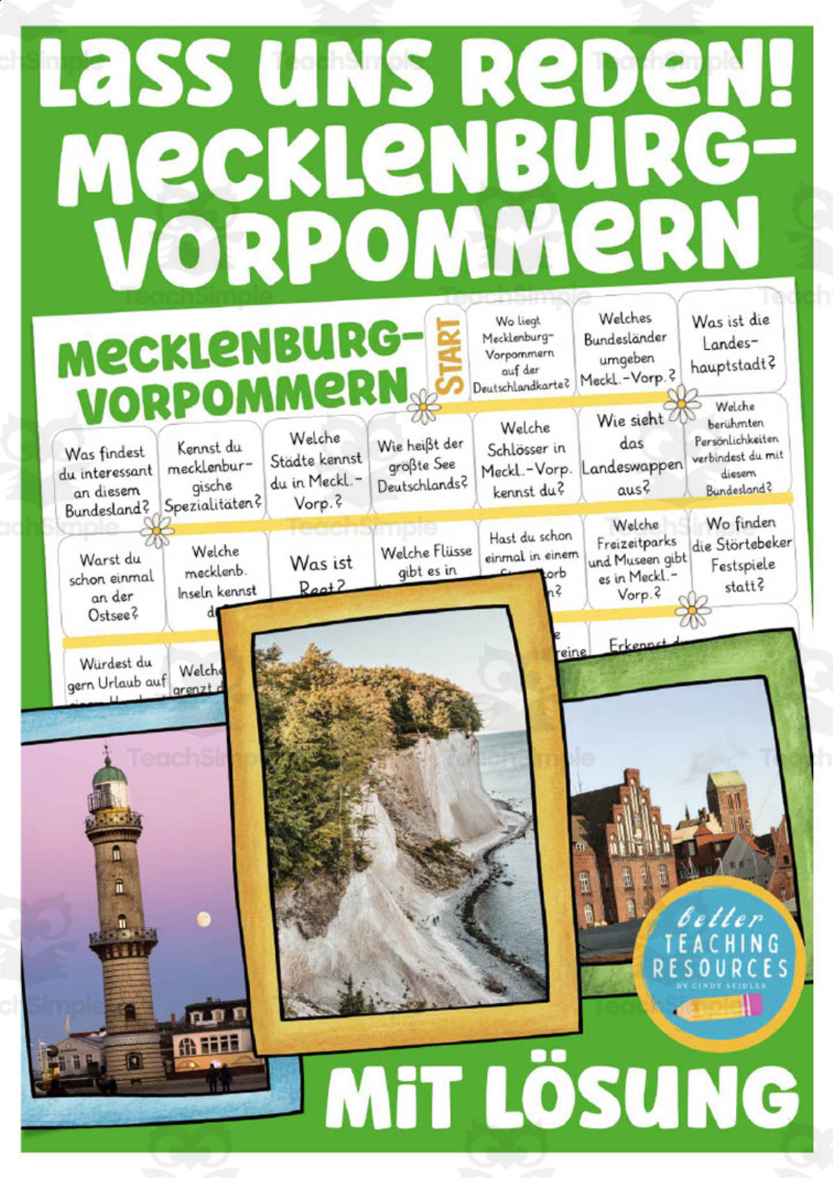 An educational teaching resource from Better Teaching Resources entitled German: Let's Talk About Mecklenburg-Western Pomerania Board Game downloadable at Teach Simple.