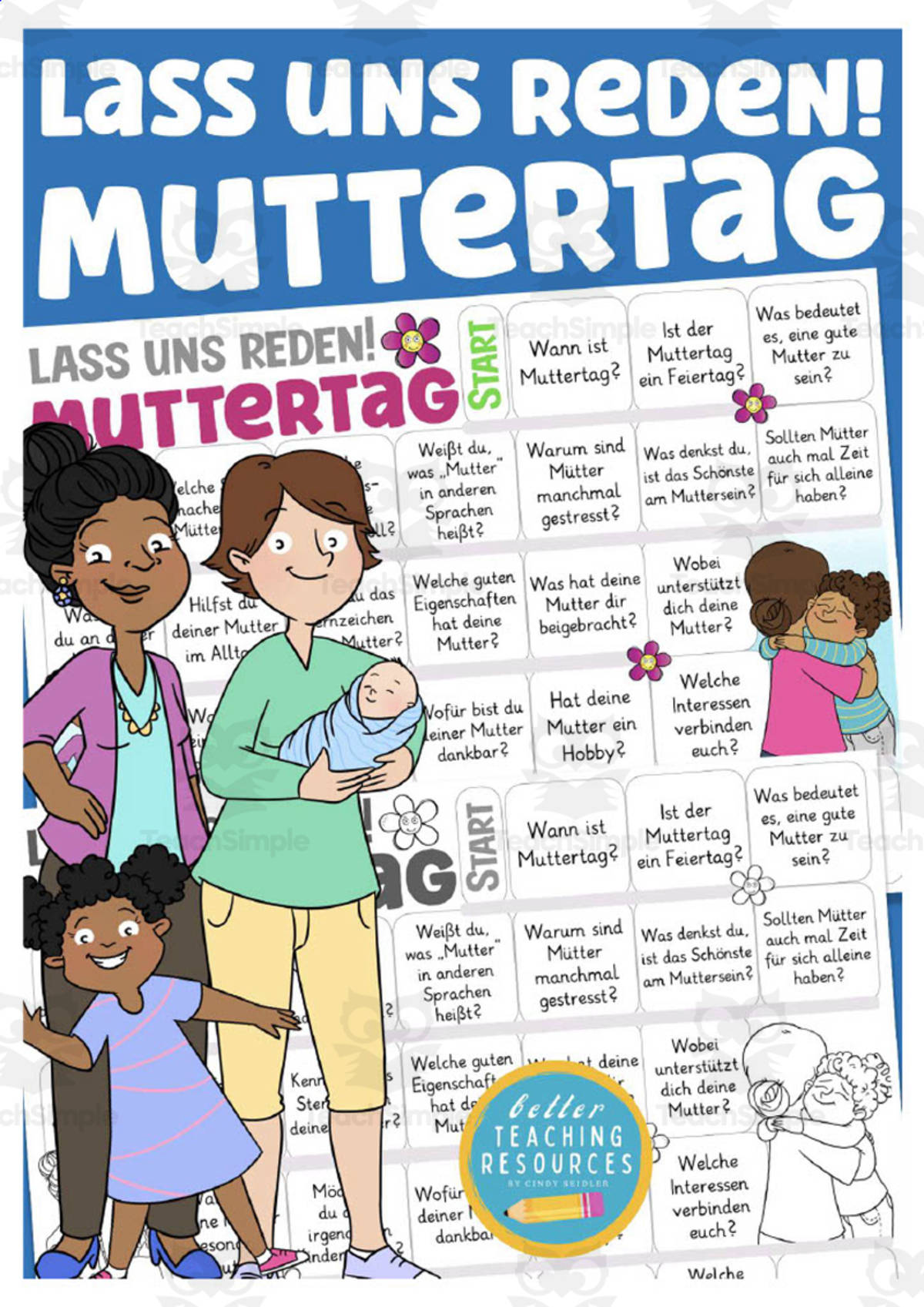 An educational teaching resource from Better Teaching Resources entitled German: Let's Talk About Mother's Day Game downloadable at Teach Simple.