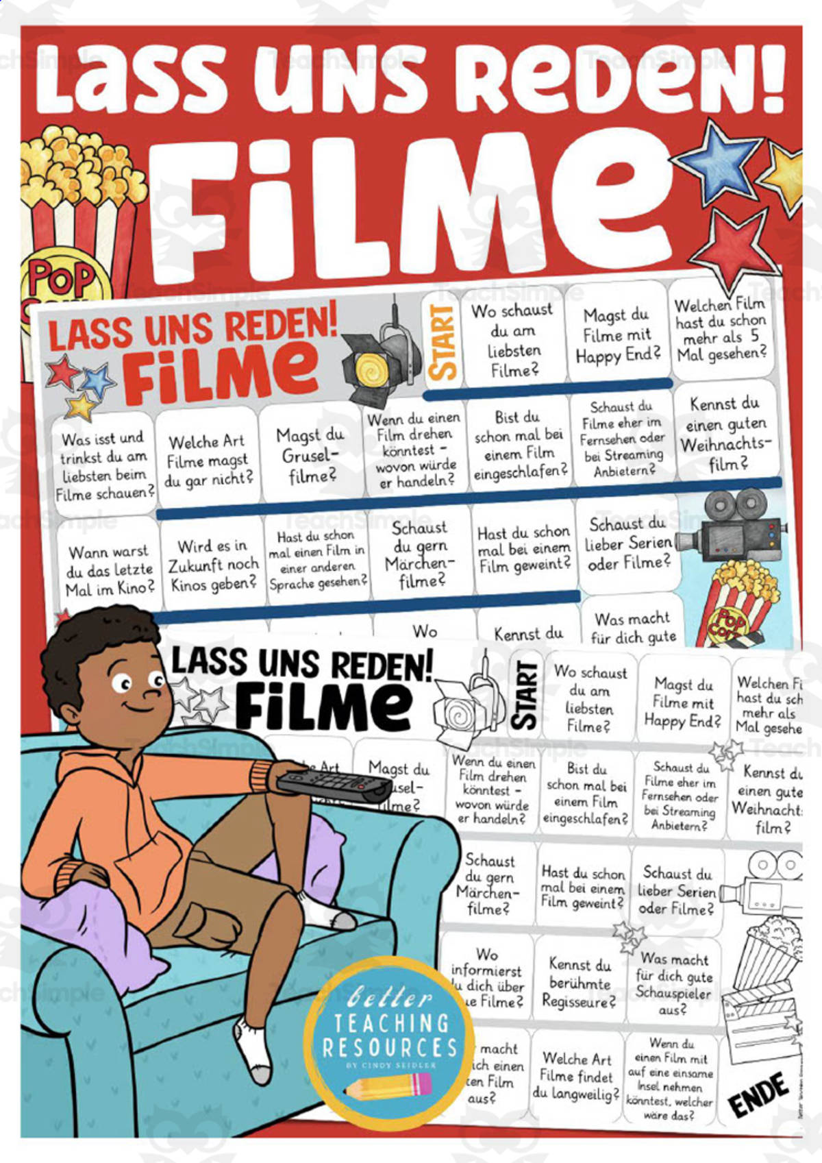 An educational teaching resource from Better Teaching Resources entitled German: Let's Talk About Movies Board Game downloadable at Teach Simple.