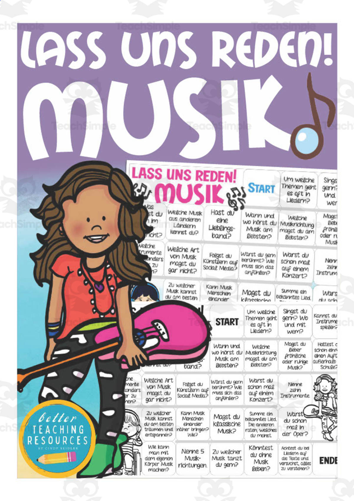 An educational teaching resource from Better Teaching Resources entitled German: Let's Talk About Music Board Game downloadable at Teach Simple.